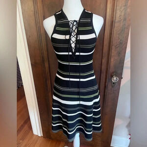 Ronny Kobo Black, Green, and White Striped Sleeveless Mini Dress Women Size XS